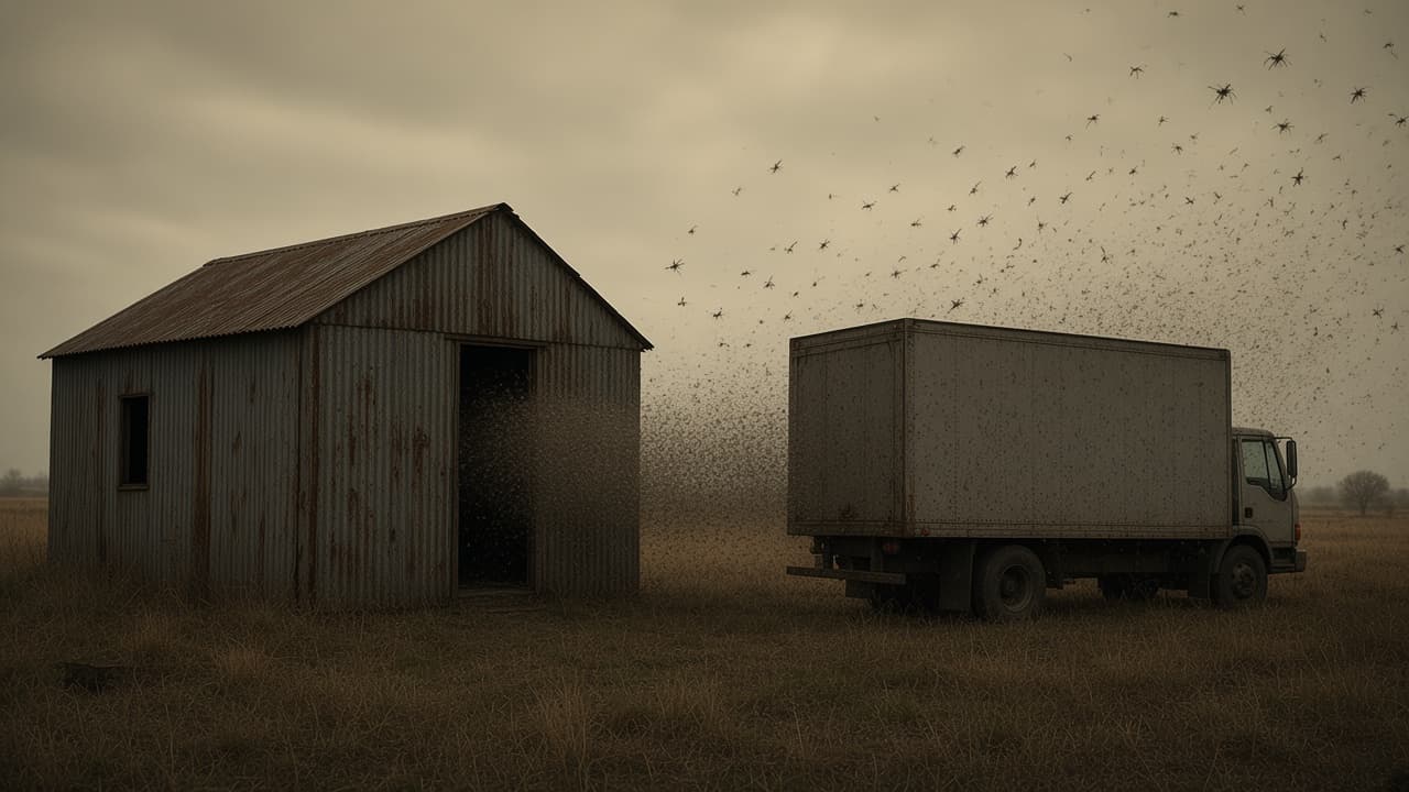 A cloud of insects over a shed and a truck at dusk.